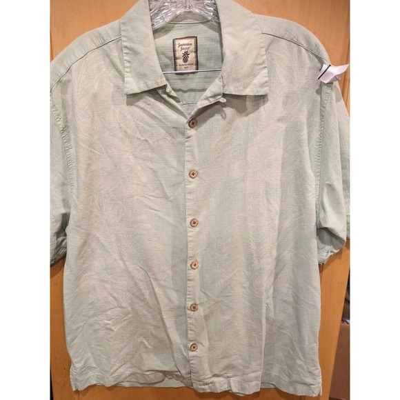 Jamaica‎ Jaxx Shirt Mens Medium Hawaiian Green Floral 100% Silk Button Up - Picture 1 of 4